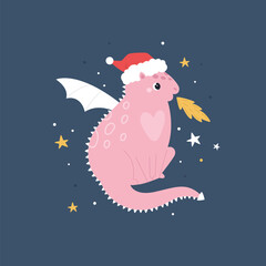 Cute Holiday Dragon Flying in Santa Hat on Blue Background
