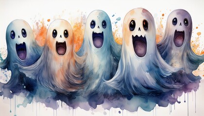 Obraz premium watercolor ghosts with wide eyes and open mouths against a white background