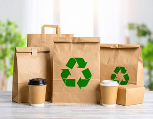 Eco-Friendly Brown Paper Bags and Cups with Green Recycling Symbol on Table