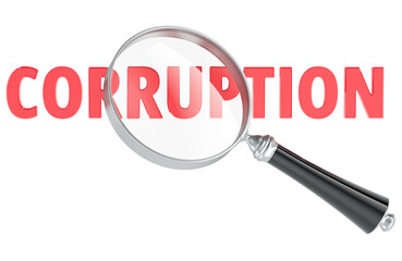 Corruption investigation, concept. Corruption word with magnifying glass. 3D rendering isolated on transparent background