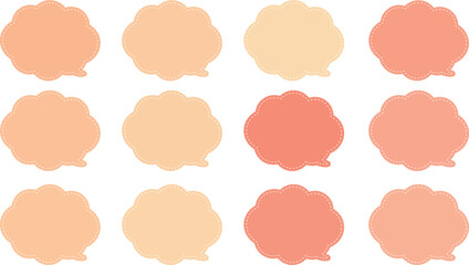 オレンジ色と肌色とベージュの１２色の吹き出しセット。吹き出しの内側に白い破線がある。