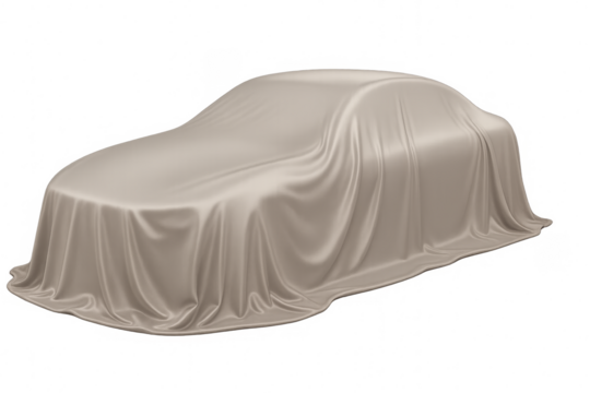Presentation of new car covered with silk cloth on transparent background