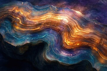 Abstract geological formation with vibrant blue, gold, and purple hues, resembling a layered rock formation or nebula.