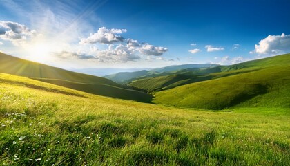 Obraz premium sunny meadow landscape beautiful scenery hills in background