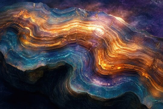 Abstract geological formation with vibrant blue, gold, and purple hues, resembling a layered rock formation or nebula.