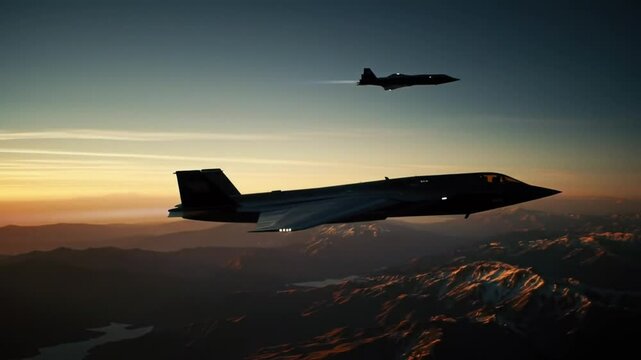 Two futuristic stealth fighter jets flying in formation on a military mission over a mountain range at sunset.