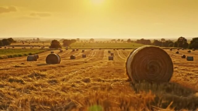 Round hay bales across farmland during harvest season
