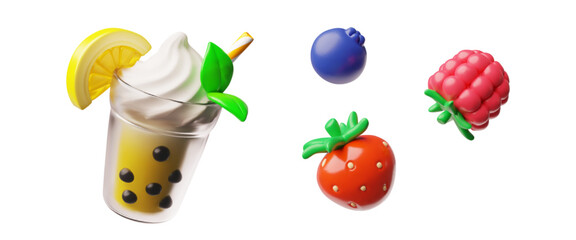 Bubble tea with tapioca pearls, lemon and berries, milkshake cocktail 3D cartoon vector icons set, Boba Asian pearl tea