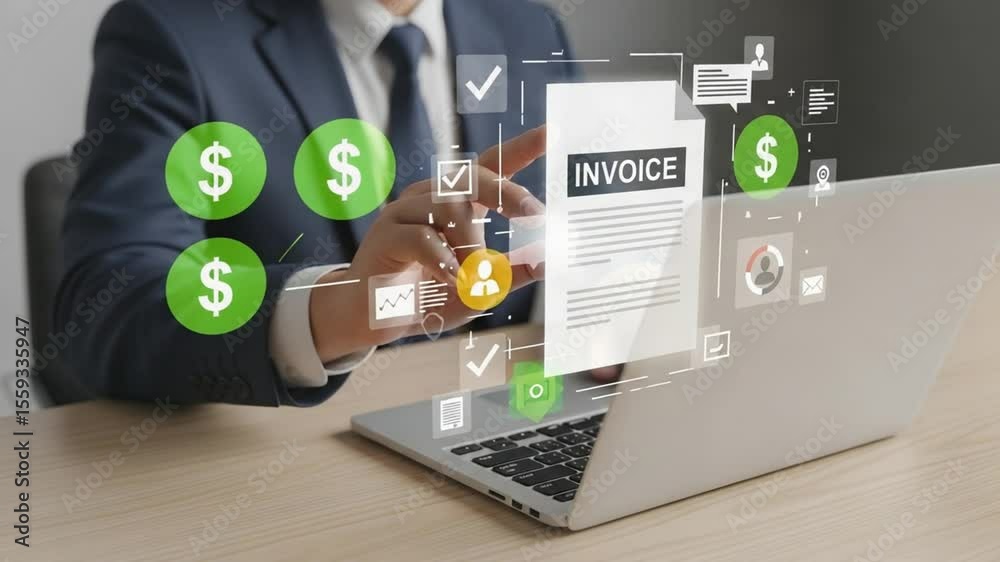 Aufkleber Man in suit interacting with invoice document and floating digital business icons on a laptop screen