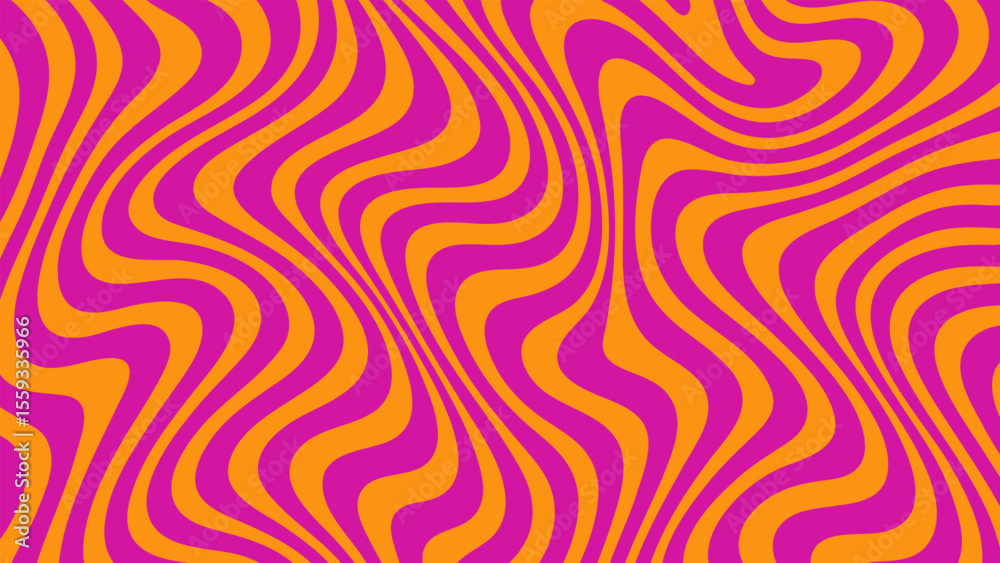 Poster Psychedelic groovy background with wavy lines. Abstract fluid distorted pattern in vibrant colors. Y2K party decoration.