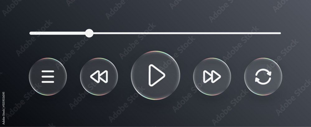 Poster Liquid glass media player with buttons menu, play, rewind, fast forward and repeat on dark background. Web design illustration for user interface layout.