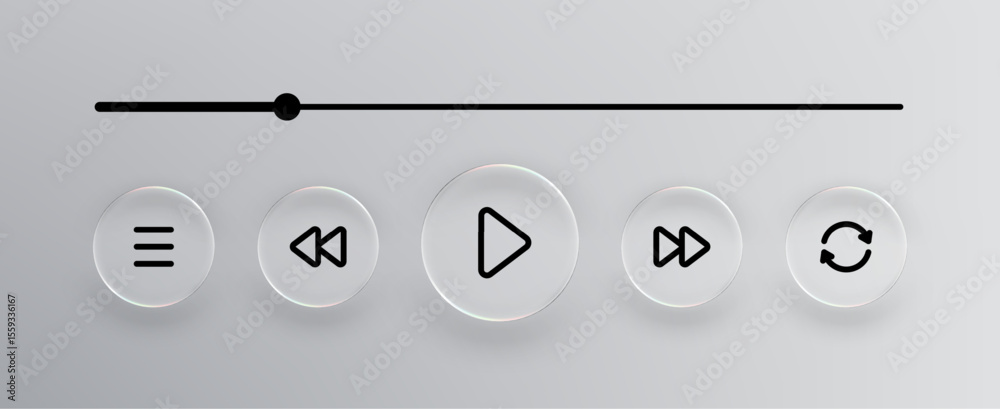Poster Glass liquid play buttons on minimalistic player. Interface for web or mobile application. Music or video player concept.