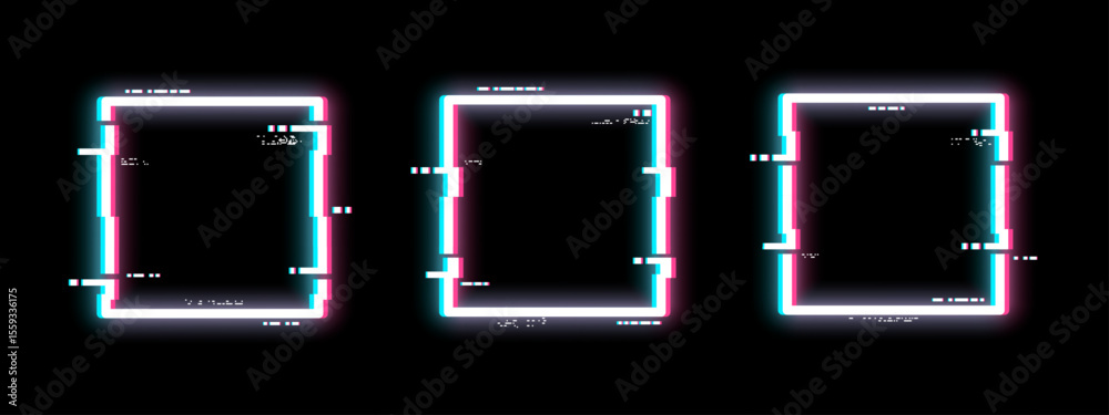 Poster Three glitch frames with rgb effect on a black background. Digital distortion vector for video stream and screen technology concept.