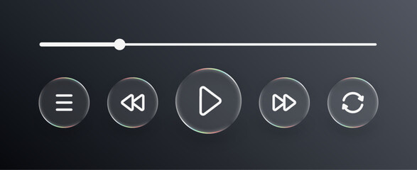 Liquid glass media player with buttons menu, play, rewind, fast forward and repeat on dark background. Web design illustration for user interface layout.