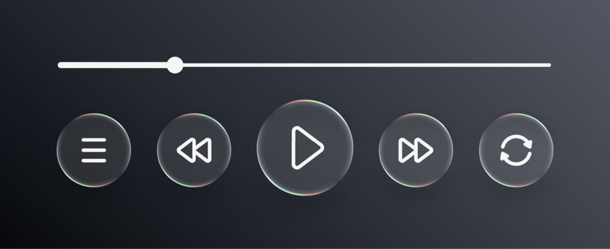 Liquid glass media player with buttons menu, play, rewind, fast forward and repeat on dark background. Web design illustration for user interface layout.