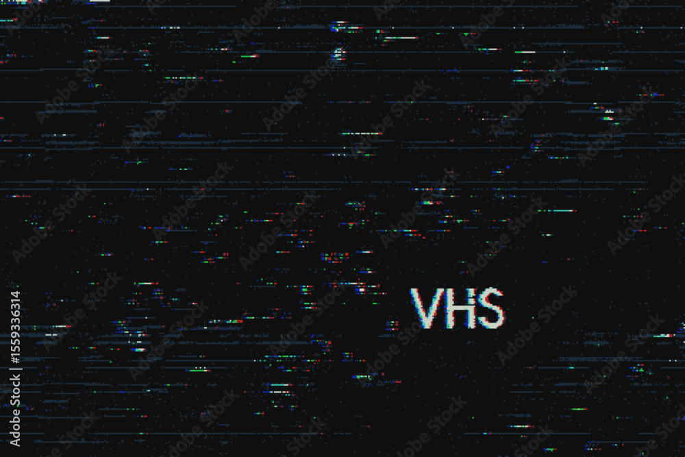 Poster VHS text symbol on black old retro video background. Noise signal static and analog pixel effect screen.