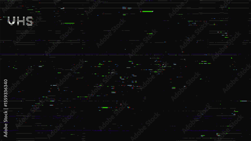 Poster VHS video noise glitch vector. Digital error effect on screen. Analog tape distortion for old media and broken signal concept.