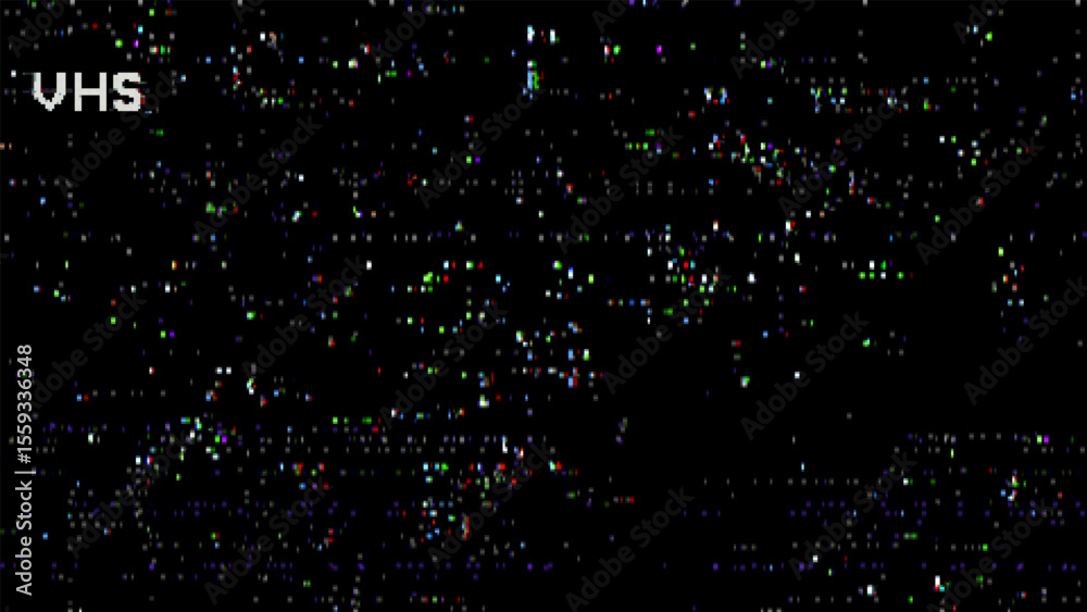 Poster VHS video noise glitch vector. Digital artifact and bad communication signal for retro, vintage, or broadcast error concepts.