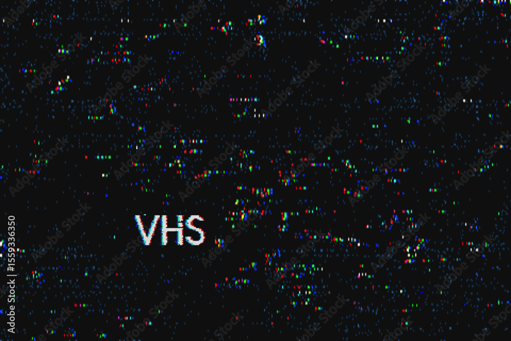 Poster VHS video noise glitch vector. Digital pattern with colorful pixel errors. Retro screen distortion for broadcast.