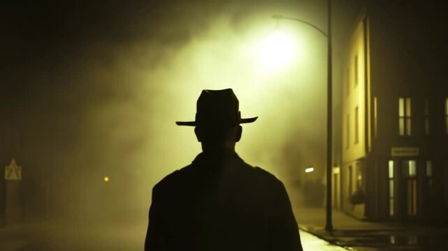 Silhouette of a mysterious stranger, in the style of old films, from the back in a hat and raincoat, slowly walking along a foggy street under dim streetlights