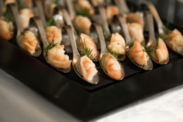 Shrimps with dill. Small canapes at a wedding