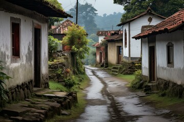Paved road with tire tracks going through a small village with old houses, plants and vegetation after the rain