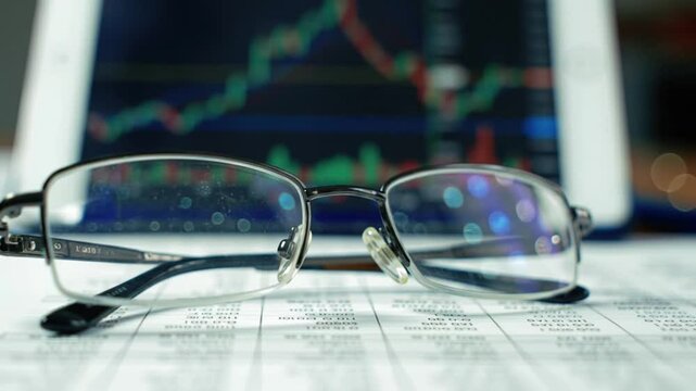 Eyeglasses with blurred stock graphs reflecting market data and financial forecasting
 - Powered by Adobe