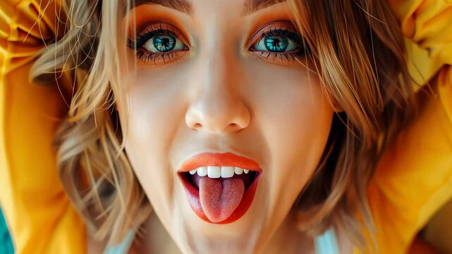 Playful Expression: A vibrant, close-up shot of a youthful individual, their eyes sparkling with mischief as they playfully stick out their tongue, capturing a moment of pure.