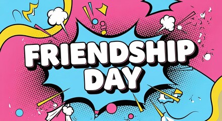 Friendship Day comic speech bubble pop art background. Vibrant abstract explosion frame design. Celebration of international friend holiday.