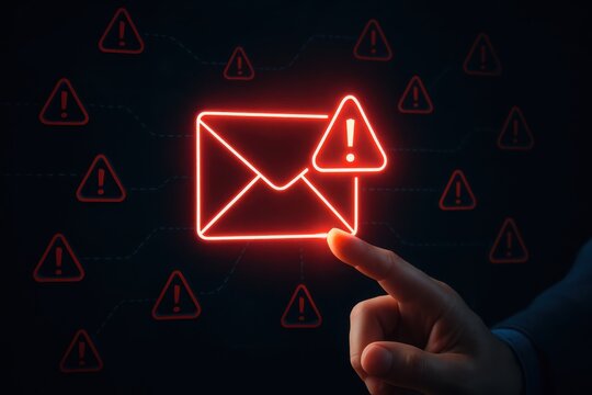 Finger touching a glowing red envelope icon with a warning symbol indicating a potential email security threat or alert