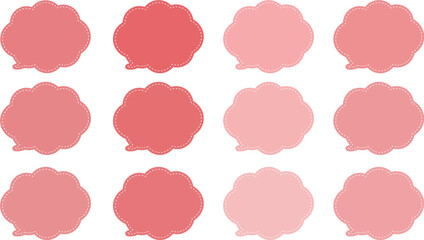 ピンクの暖色系の１２色の吹き出しセット。吹き出しの内側に白い破線がある。