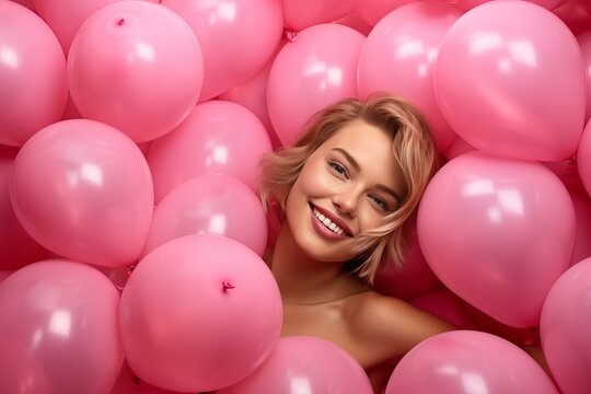 Cheerful blonde woman with pink lipstick smiling while lying on many pink balloons - Powered by Adobe
