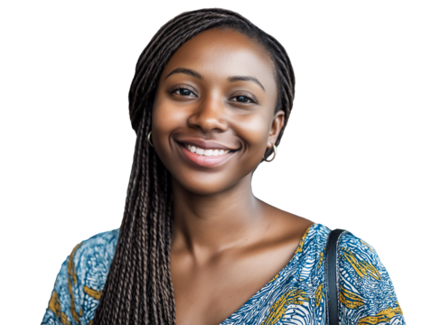 Young Gen Z African-American woman with long braids, smiling and confident, isolated on white or transparent background
