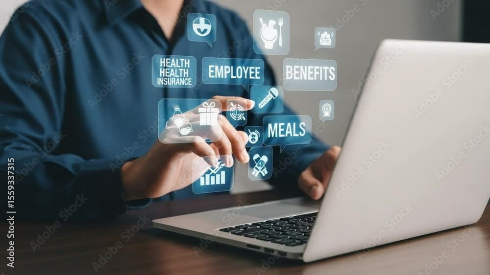 Poster person using laptop with employee benefits icons floating above the keyboard on a dark surface