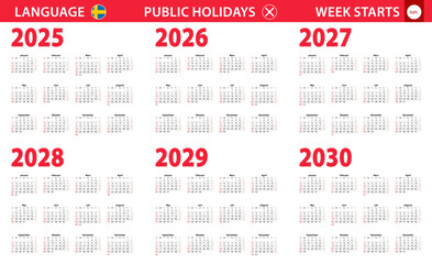 2025-2030 year calendar in Swedish language, week starts from Sunday.