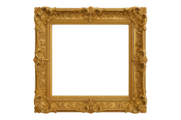 Ornate antique gold picture frame with intricate scrollwork and floral details isolated on transparent background