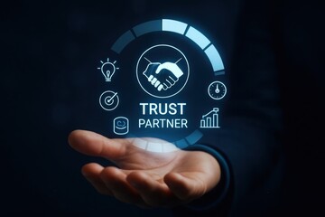 Hand holding a glowing digital interface displaying trust partner concept with icons for growth and success
