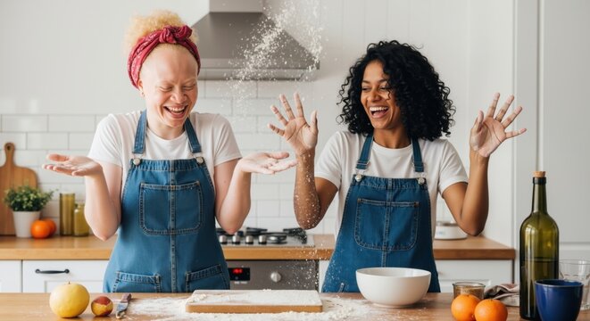 Two happy women playing with flour while baking in kitchen. Diverse friends making pastry at home, celebrating friendship concept.