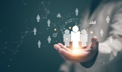 Human resources management or HRM. Recruitment employment headhunting concept. Businessman holding global structure customer network for manage team leader. Data person management in the organization.