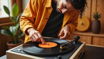 Young man with curly hair concentrating on adjusting vinyl record on turntable against cozy wooden interior background, music and leisure concept of home decor or music studio