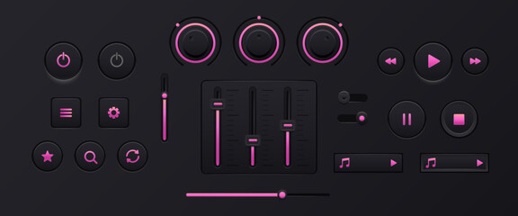 Dark UI vector set of glowing neon pink music player controls in skeuomorphic style. Volume knobs, sliders, buttons for mobile or desktop apps, media interfaces, dashboards, and audio software.