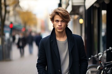 Fototapeta premium Handsome young man walking down city street looking forward
