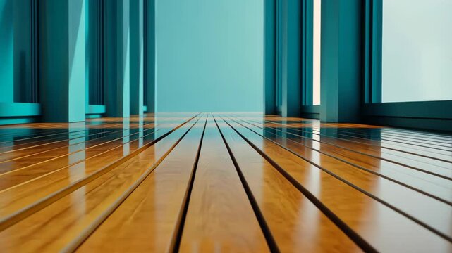 Shining Wood Flooring: Captivating shot of polished wooden flooring, reflecting natural light and leading the viewer's eye into a modern, minimalist space, conveying a sense of elegance.