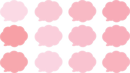 ピンクの暖色系の１２色の吹き出しセット。吹き出しの内側に白い破線がある。
