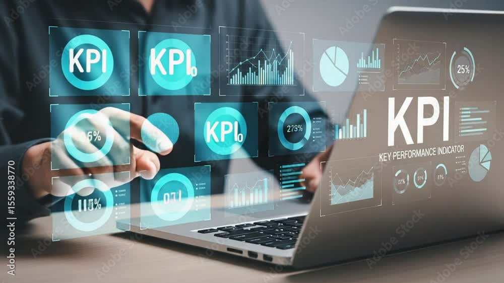 Poster Person interacting with kpi graphs and data on a laptop screen in a business setting indoors
