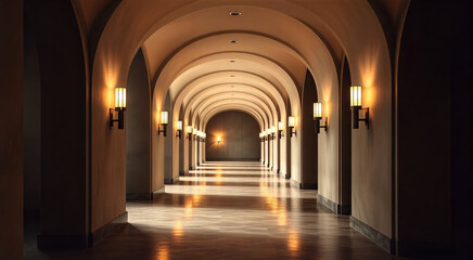 Arched hallway with warm lighting