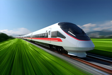 Fototapeta premium Modern high speed train traveling through green landscape