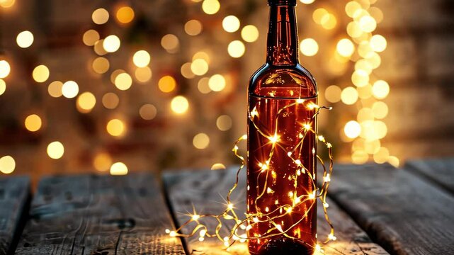 Festive Lights on Bottle: A vintage glass bottle, wrapped in glowing string lights, rests elegantly on a rustic wooden surface, set against a backdrop of warm, blurred bokeh lights.