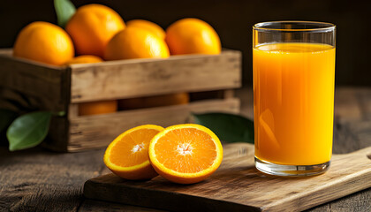 glass of fresh orange juice with fresh fruits on wooden table