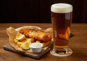 Glass of beer with fish and chip meal on wood table. Traditional british food and drink for pub or restaurant. Refreshing drink for Beer Day concept.